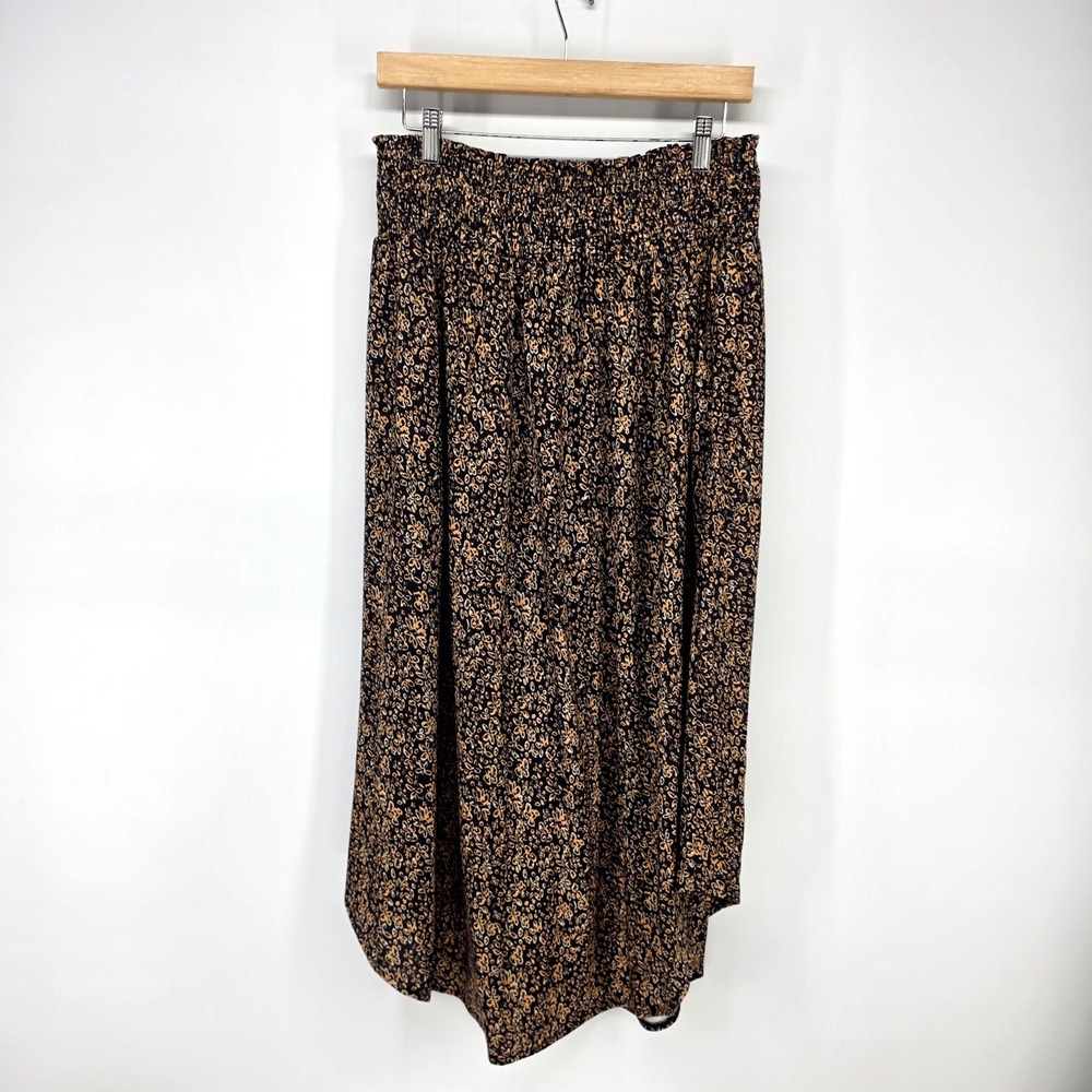 Unbranded Midi Skirt Women Large Black Tan Floral Smocked High Low Pockets
